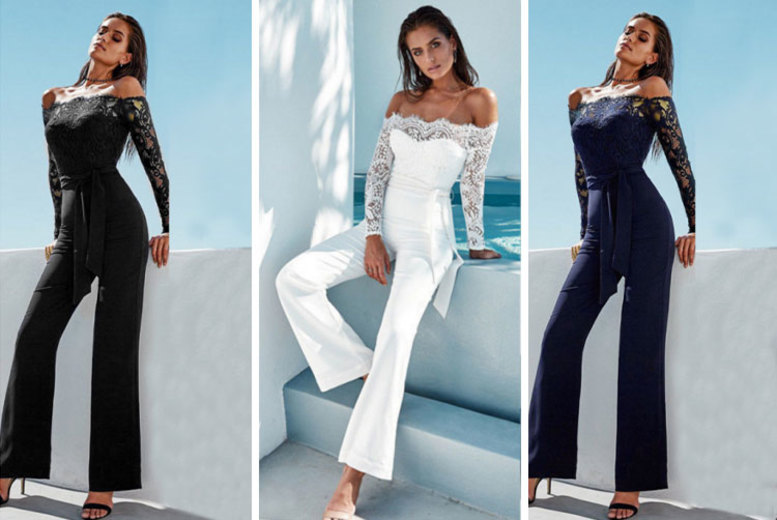 €16 instead of €35.99 (from Blu Fish) for a bardot lace sleeved jumpsuit – choose from three colours and save 56%