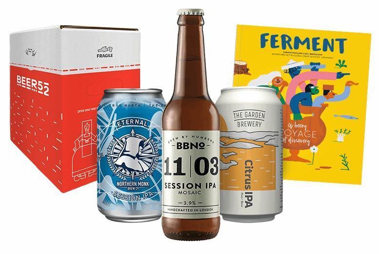 £9.99 instead of £29 for a craft beer hamper including a mix of ten hoppy and pale beers, Ferment magazine and a snack from Beer 52 - get the perfect Father's Day gift and save 66%
