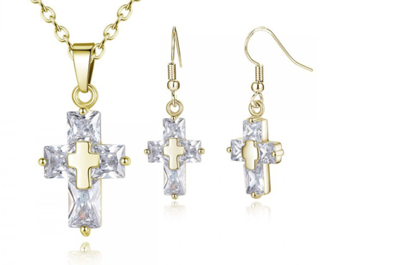 €10.99 instead of €111.49 (from Your Ideal Gift) for a gold-plated created crystal cross necklace and matching earrings - save 90%