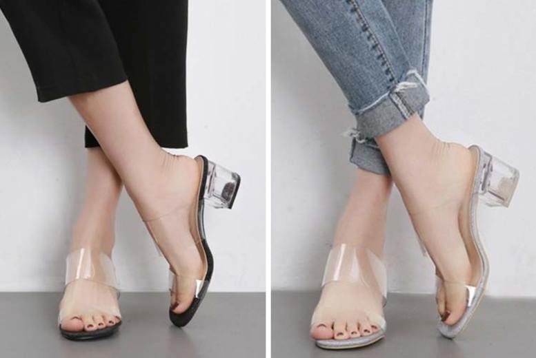 €24 instead of €65.36 (from WowWhatWho) for a pair of clear block heel mules – feel the love and save 63%
