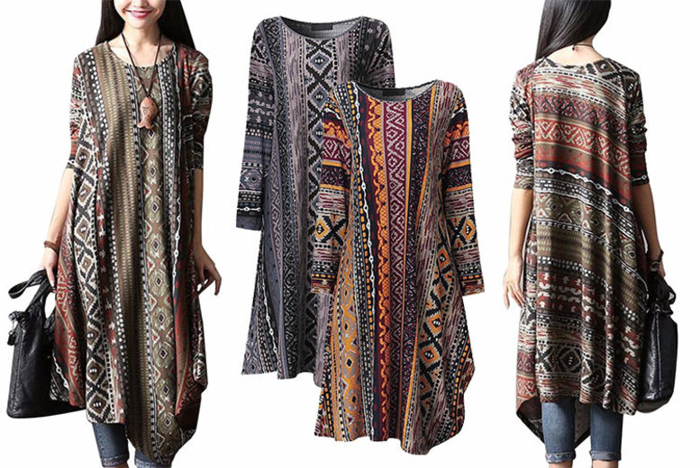 €18 instead of €43 (from Litnfleek) for an earth-tone printed longline top – choose from three colours and save 58%