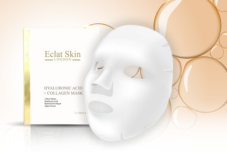 €7.99 instead of €48.72 (from Eclat Skin) for a pack of three hyaluronic acid and collagen sheet masks, €16.99 for a pack of six – save up to 84%